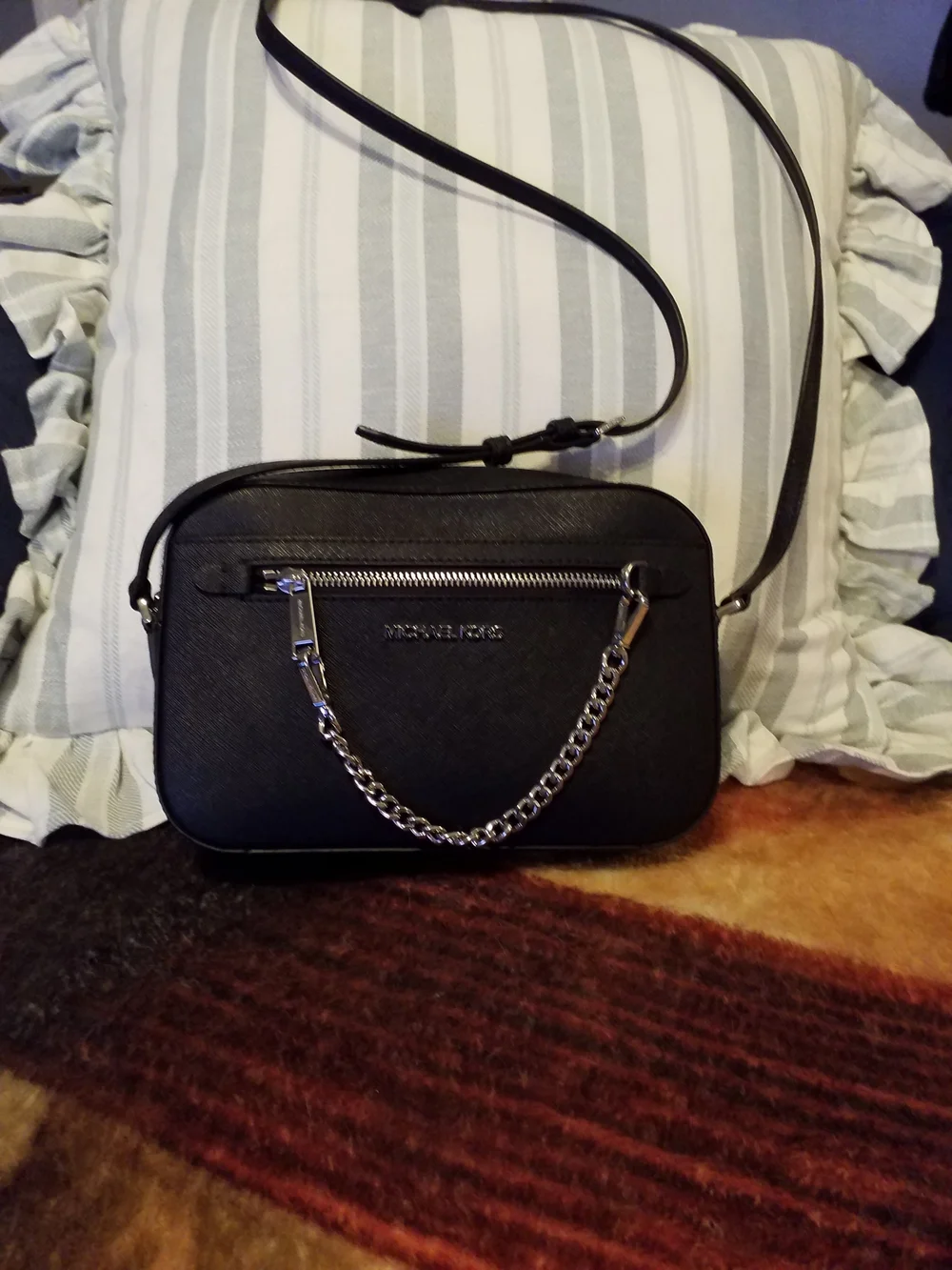 Michael Kors Black Leather Crossbody with Silver Chain Accent - Picture 2 of 2
